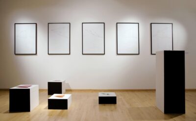 Art installation by artist Patricia Sandonis, five sculptures on five pedestals and five framed drawings on a wall