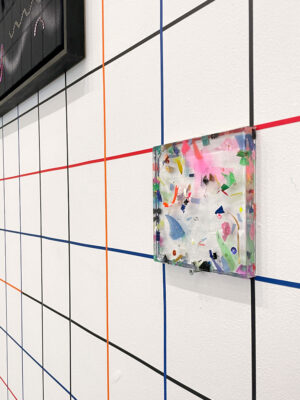 Patricia Sandonis art installation view from a small square sculpture made of plastic and crystal clear and shown at Galería Javier Silva