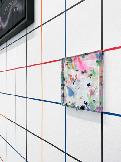 Patricia Sandonis art installation view from a small square sculpture made of plastic and crystal clear and shown at Galería Javier Silva