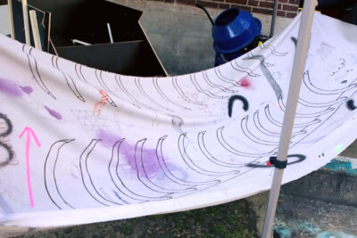 Drawing and painting on linen by artists Patricia Sandonis and Jelena Fuzinato at Bärenzwinger, Berlin