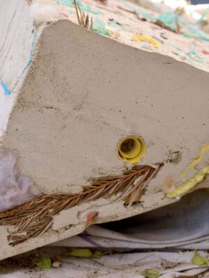 Material detail, concrete, natural elements and plastic from the art installation Hard Core, Soft Edges by Patricia Sandonis and Jelena Fuzinato in the art exhibition Promising Premises at Bärenzwinger Berlin