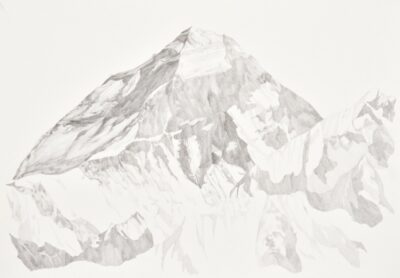 Drawing graphite on paper of Mount Everest. Work of art by artist Patricia Sandonis