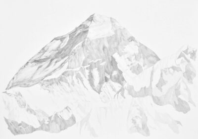 Drawing graphite on paper of Mount Everest. Work of art by artist Patricia Sandonis