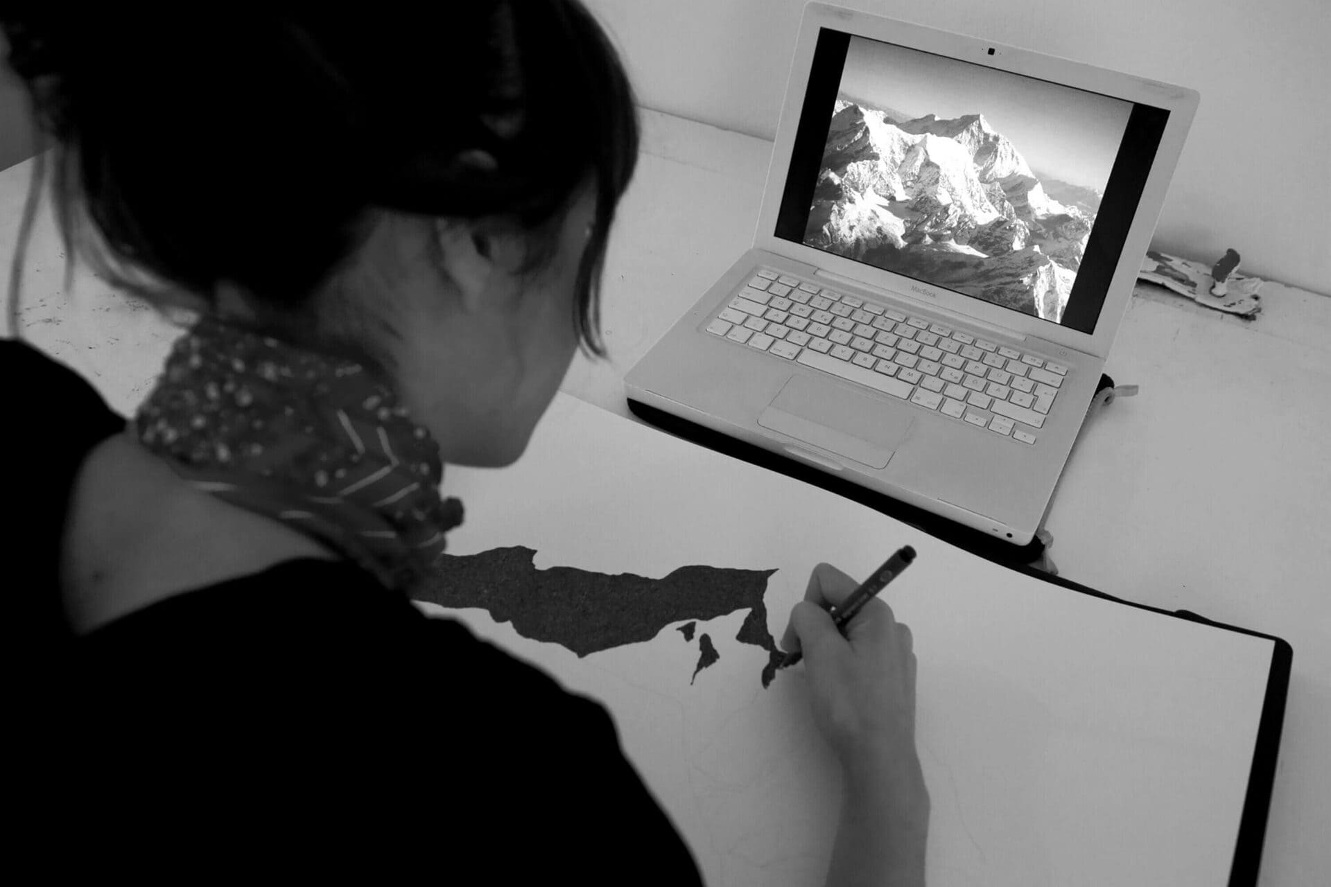 Patricia Sandonis black and white artist portrait drawing Mount Everest from images on the internet