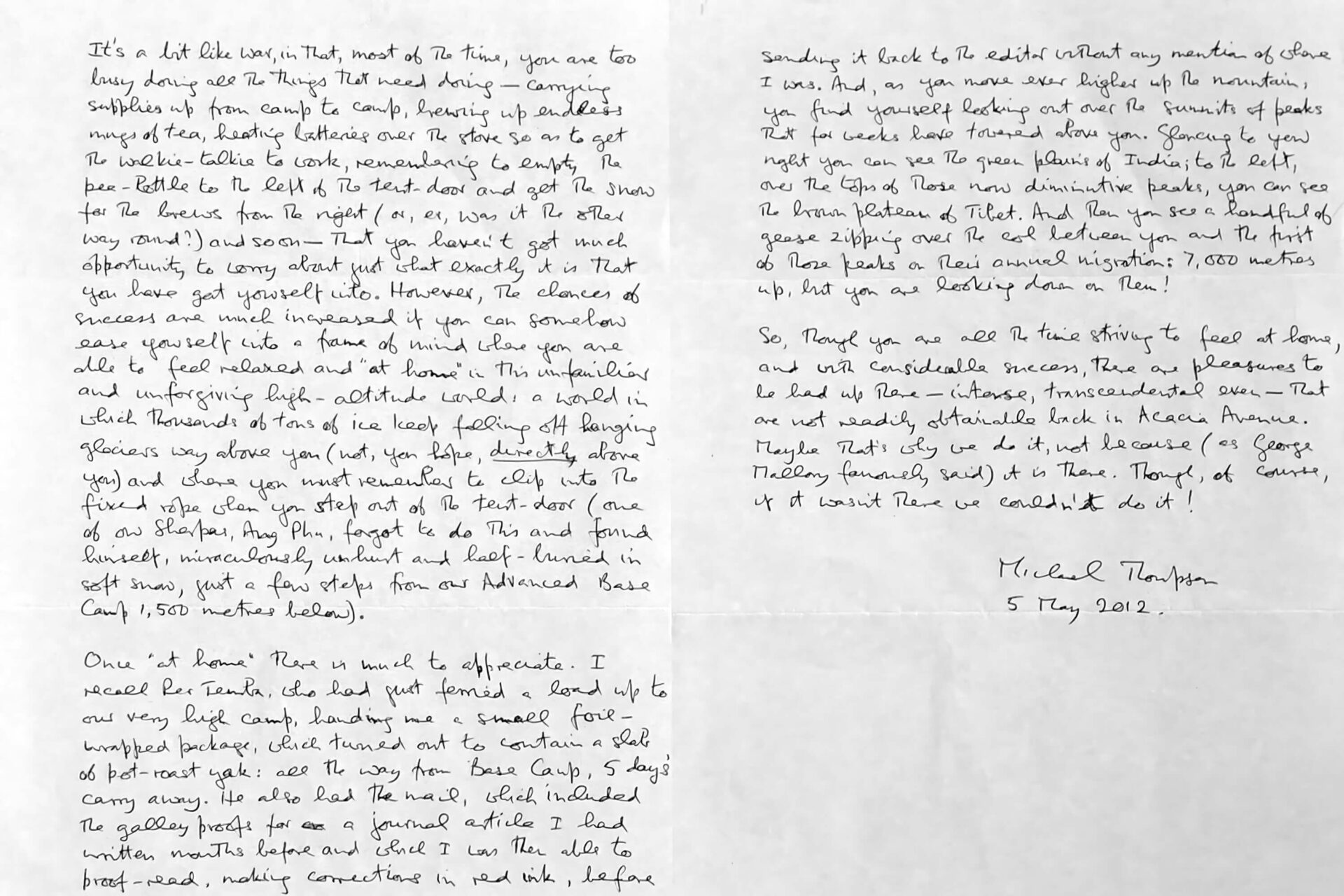 Letter from Michael Thompson explaining to artist Patricia Sandonis his experience on Mount Everest