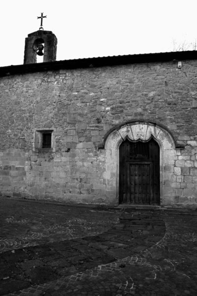 Black and white photography of the Ermita Santa Elena at Museo Oiasso in Irún, Spain