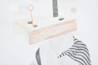 Patricia Sandonis detail of a drawing on paper showing a construction fence in pink, soap bubbles and a blanket with stripes