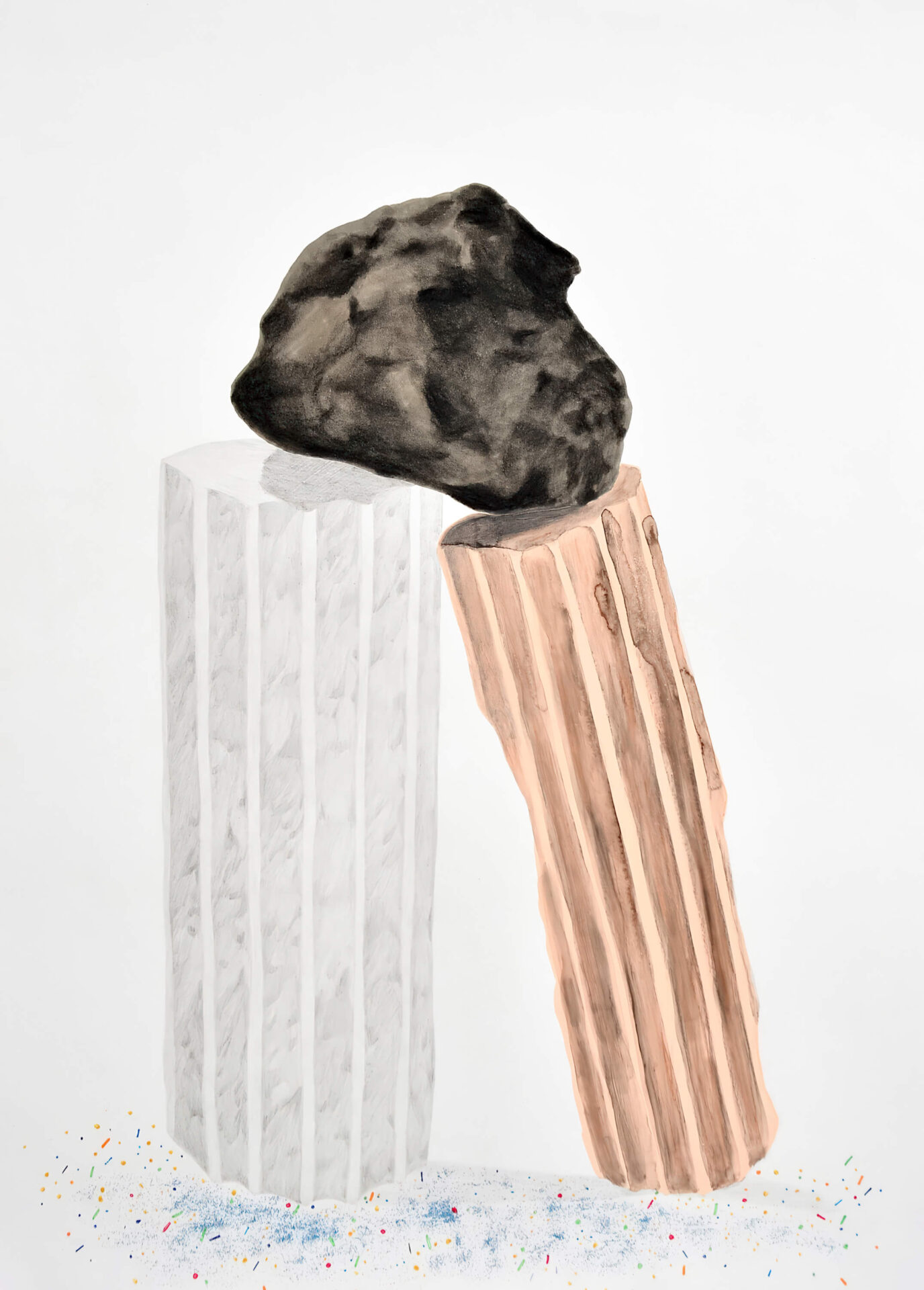 Patricia Sandonis drawing on paper, showing two columns in gray and pink, in ruins that are supporting a stone