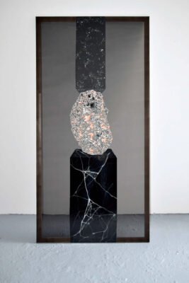 Patricia Sandonis big-format painting on a semi-transparent black chiffon fabric showing a column of three elements