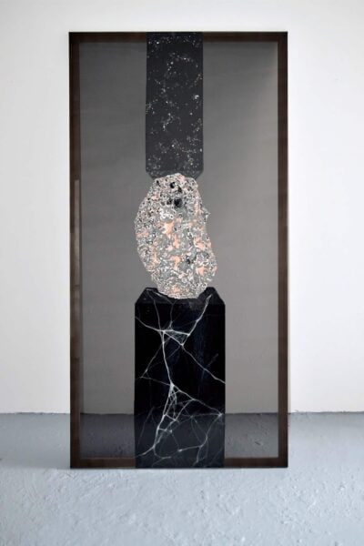 Patricia Sandonis big-format painting on a semi-transparent black chiffon fabric showing a column of three elements