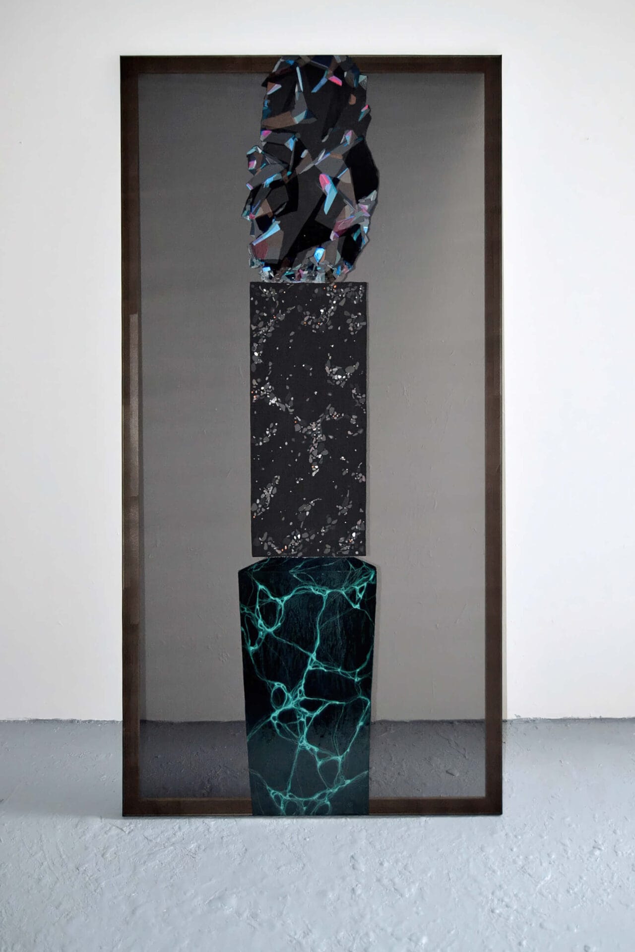 Patricia Sandonis big-format painting on a transparent black chiffon fabric, imitating marble