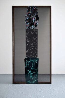 Patricia Sandonis big-format painting on a transparent black chiffon fabric, imitating marble