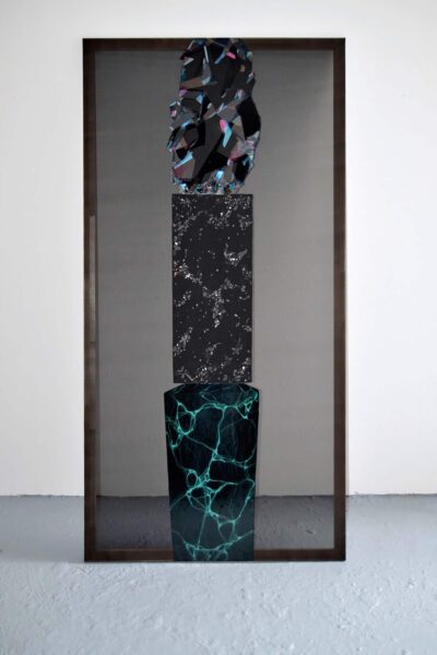 Patricia Sandonis big-format painting on a transparent black chiffon fabric, imitating marble