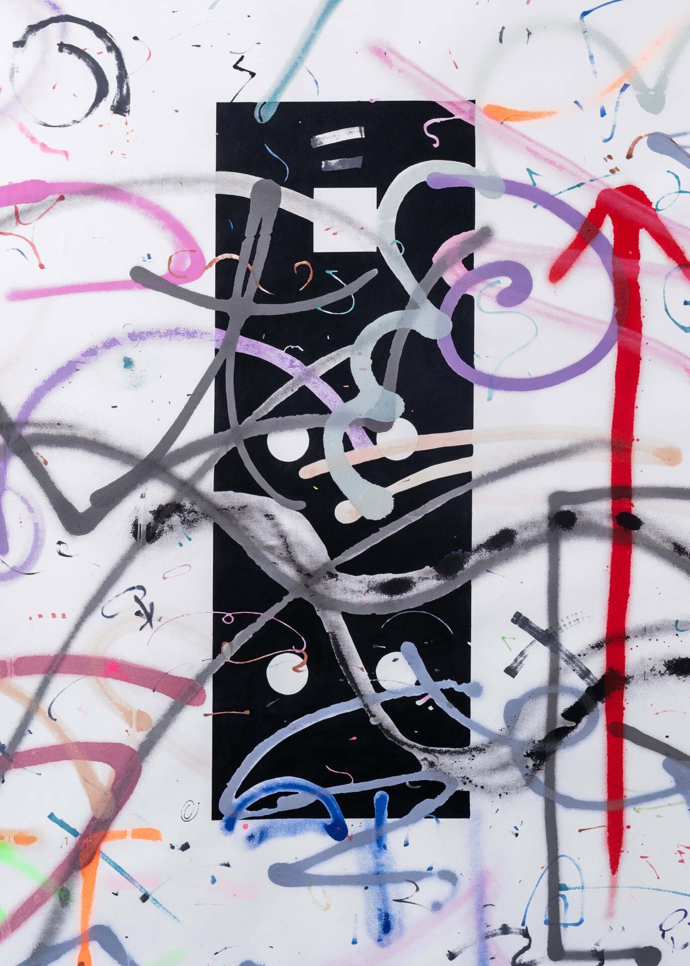 Patricia Sandonis artwork, a painting with oil and acrylic on paper showing a black vertical element behind fragments and lines of colors