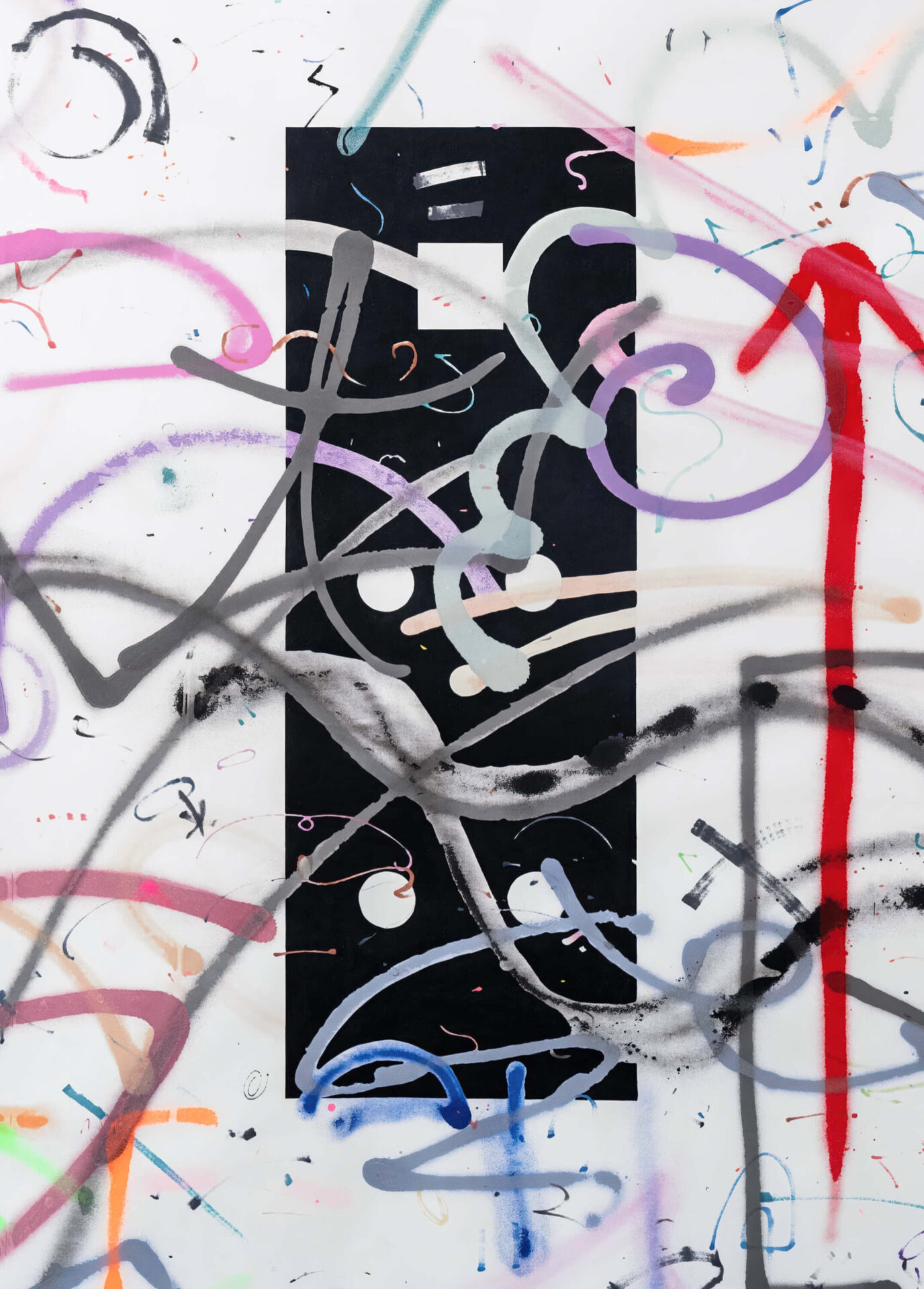 Patricia Sandonis artwork, a painting with oil and acrylic on paper showing a black vertical element behind fragments and lines of colors