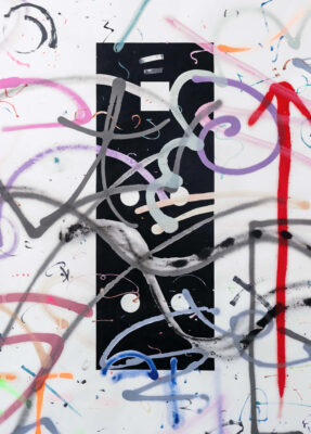 Patricia Sandonis artwork, a painting with oil and acrylic on paper showing a black vertical element behind fragments and lines of colors