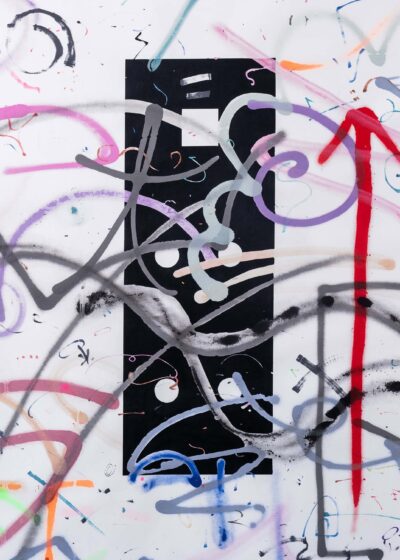 Patricia Sandonis artwork, a painting with oil and acrylic on paper showing a black vertical element behind fragments and lines of colors