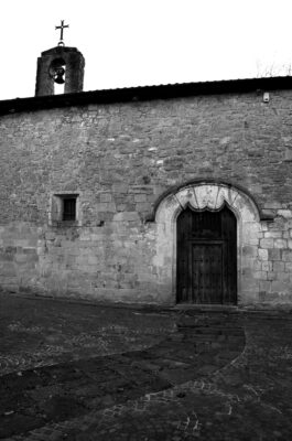 Black and white photography of the Ermita Santa Elena at Museo Oiasso in Irún, Spain