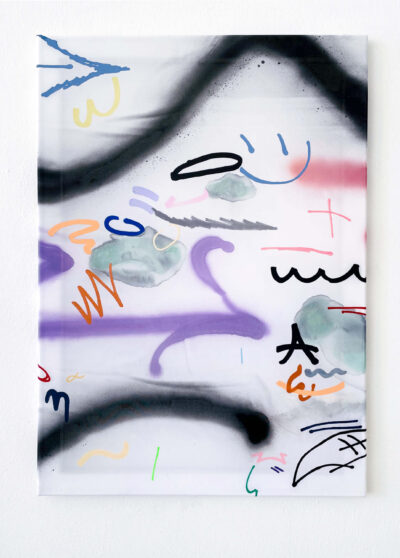 Painting acrylic and ink on chiffon called Very Important by the contemporary artist Patricia Sandonis