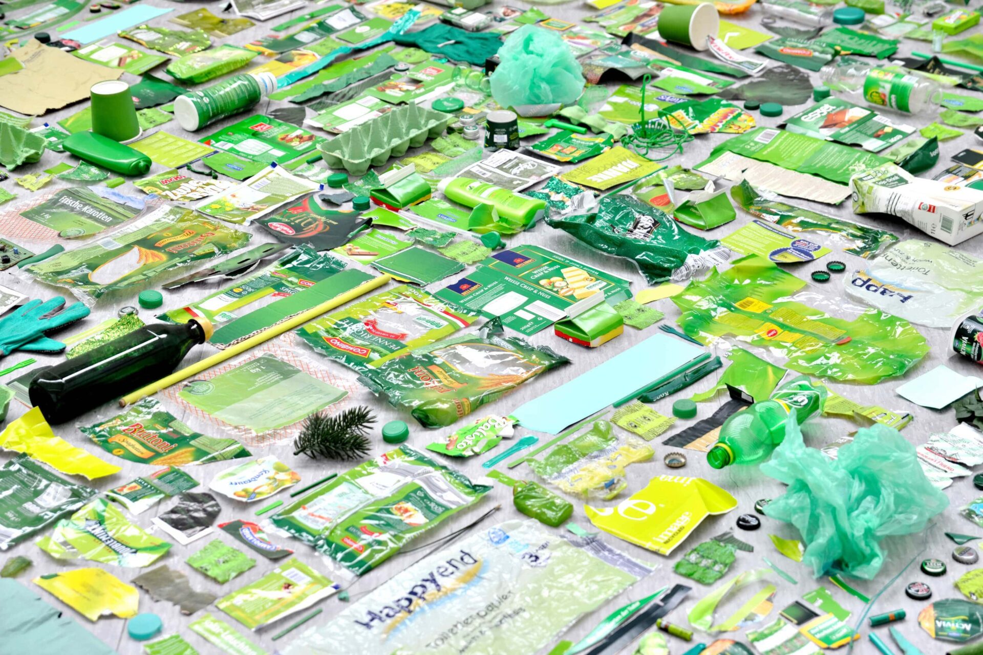 Patricia Sandonis artistic installation of green plastic garbage and remnants