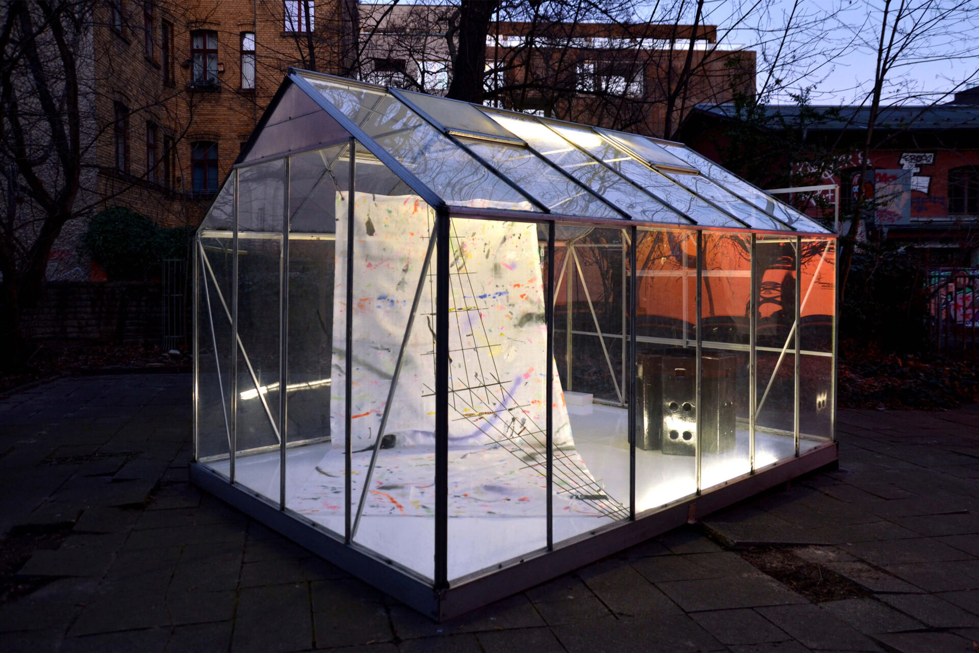 Art installation inside a greenhouse called A Partition of the Sensible by artist Patricia Sandonis