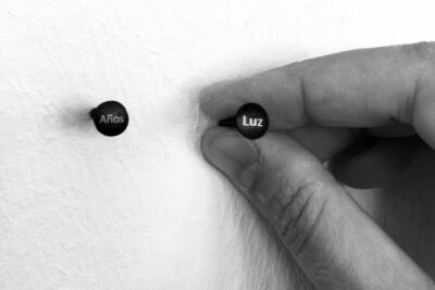 Patricia Sandonis artwork called Years Light, nails engraved with the words “años luz”