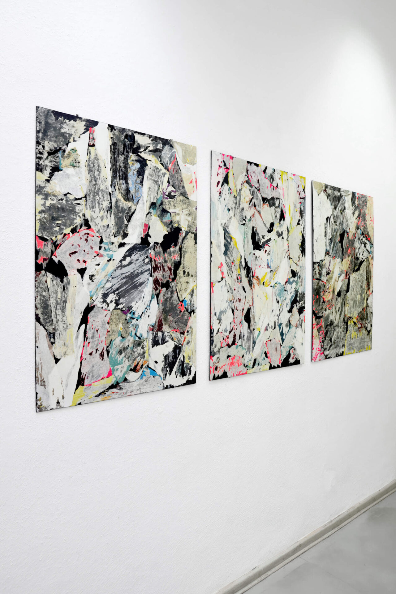 Three collage panels on a wall, an art installation called Ultra Romantic, from Das Kiez Monument artistic project by Patricia Sandonis.