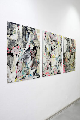 Three collage panels on a wall, an art installation called Ultra Romantic, from Das Kiez Monument artistic project by Patricia Sandonis.