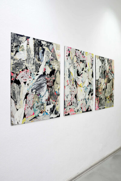 Three collage panels on a wall, an art installation called Ultra Romantic, from Das Kiez Monument artistic project by Patricia Sandonis.