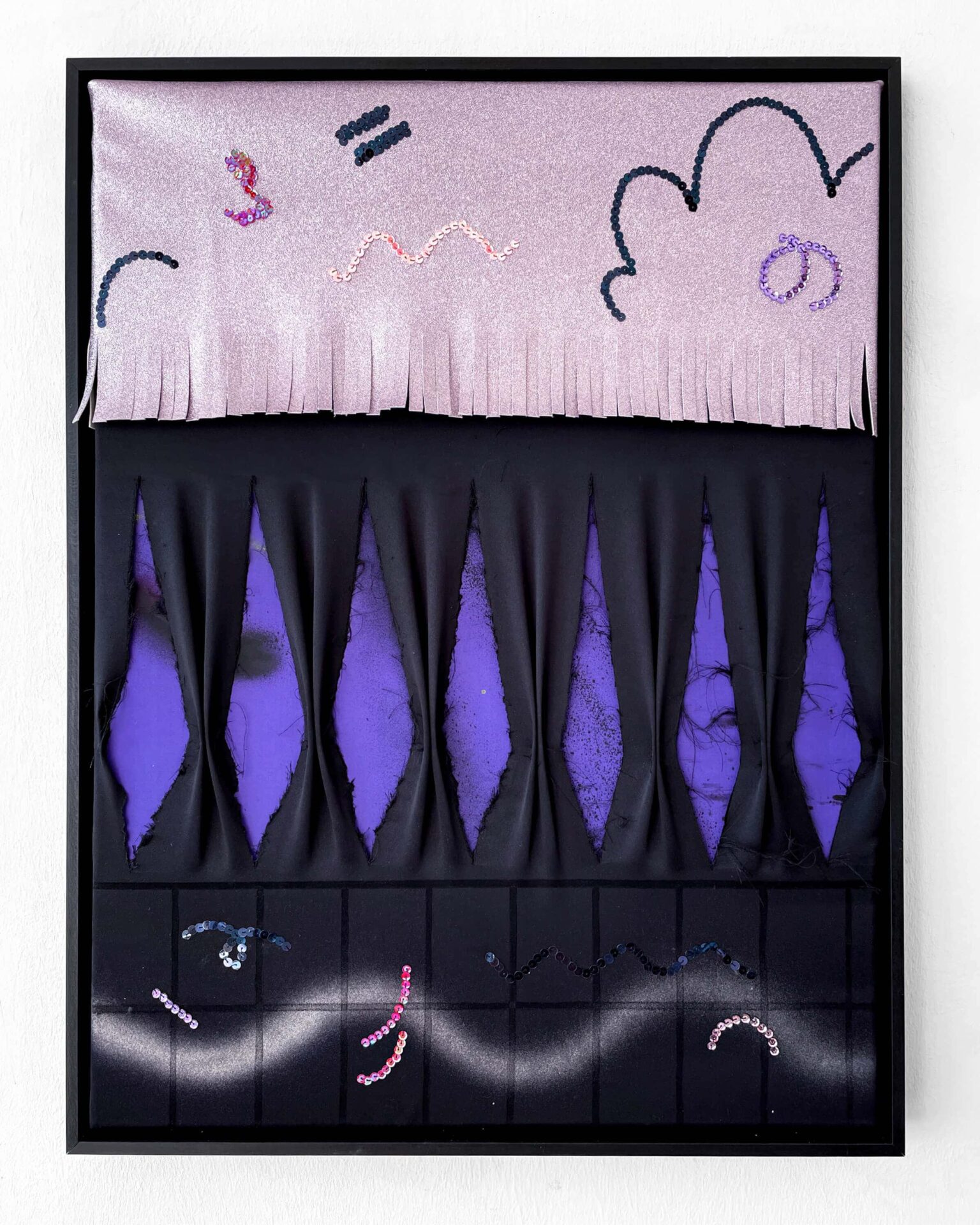 Patricia Sandonis painting artwork in black, violet and pink, from the series Gleaning Unseen, using sequins, leatherette and blackout fabric