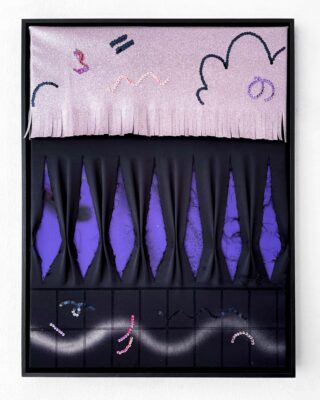 Patricia Sandonis painting artwork in black, violet and pink, from the series Gleaning Unseen, using sequins, leatherette and blackout fabric