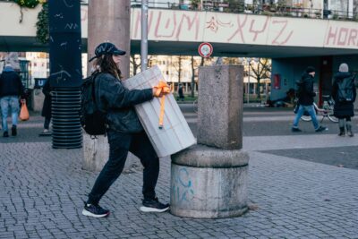 Artist Patricia Sandonis setting up a sculpture in the public realm in Berlin