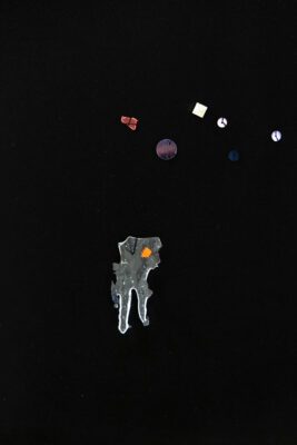 Artwork by Patricia Sandonis, plastic, sequins and fake pearl on a blackout fabric