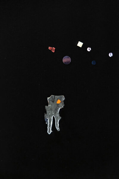 Artwork by Patricia Sandonis, plastic, sequins and fake pearl on a blackout fabric