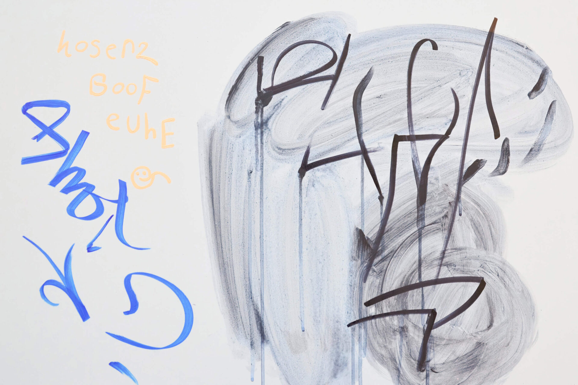 Gray and blue painting in a graffiti style titled Intentional Disobedience by artist Patricia Sandonis