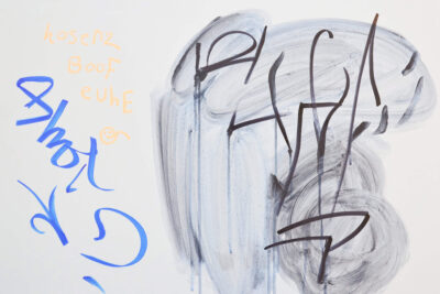 Gray and blue painting in a graffiti style titled Intentional Disobedience by artist Patricia Sandonis