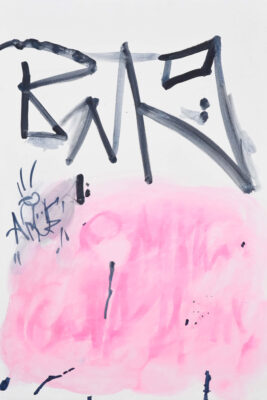 Pink and grey drawing on white paper by artist Patricia Sandonis titled Intentional Disobedience
