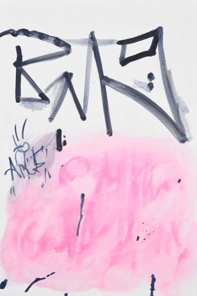 Pink and grey drawing on white paper by artist Patricia Sandonis titled Intentional Disobedience