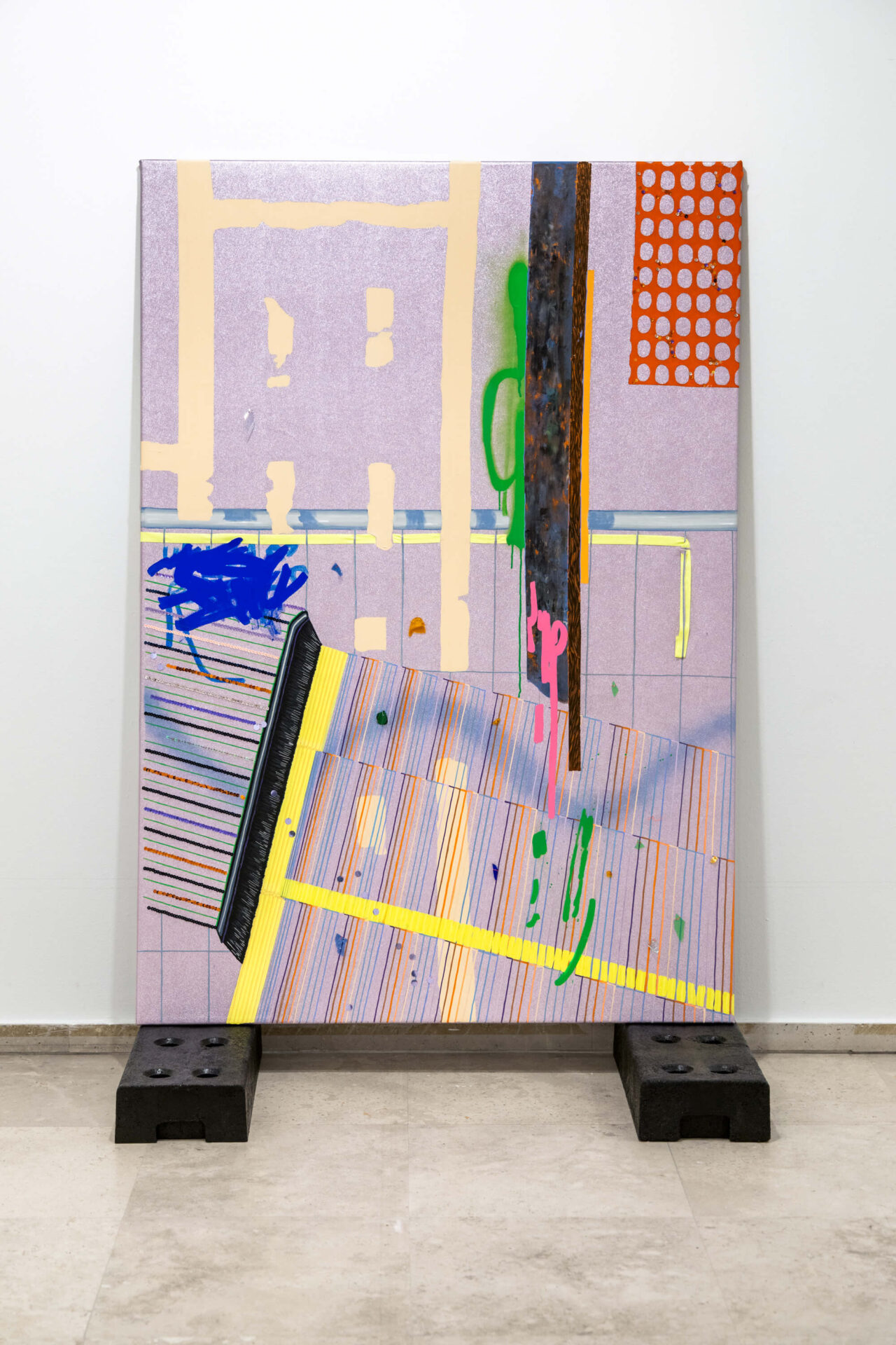 Big-format painting with fence feet called Keep Up Appearances by conceptual artist Patricia Sandonis shown at Museo Patio Herreriano in Valladolid, Spain