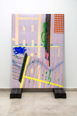 Big-format painting with fence feet called Keep Up Appearances by conceptual artist Patricia Sandonis shown at Museo Patio Herreriano in Valladolid, Spain