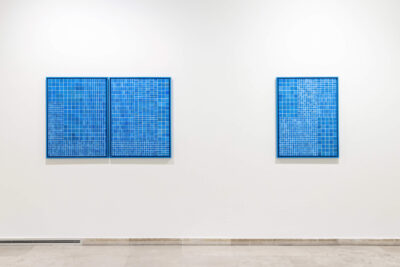 Three oil blue paintings by contemporary artist Patricia Sandonis shown at Museo Patio Herreriano in Valladolid, Spain