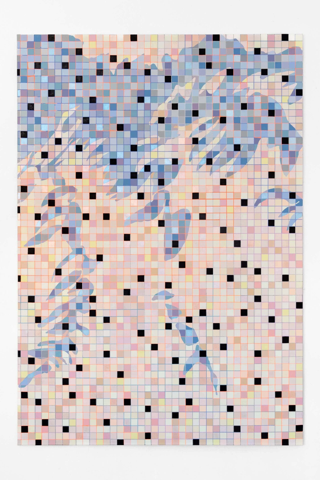 Big-format painting by the conceptual artist Patricia Sandonis showing small squares and shadow shapes on a canvas