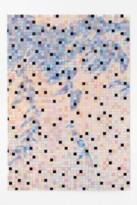 Big-format painting by the conceptual artist Patricia Sandonis showing small squares and shadow shapes on a canvas