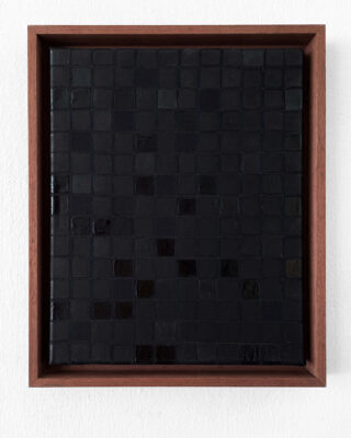 Black painting with a wood frame by artist Patricia Sandonis