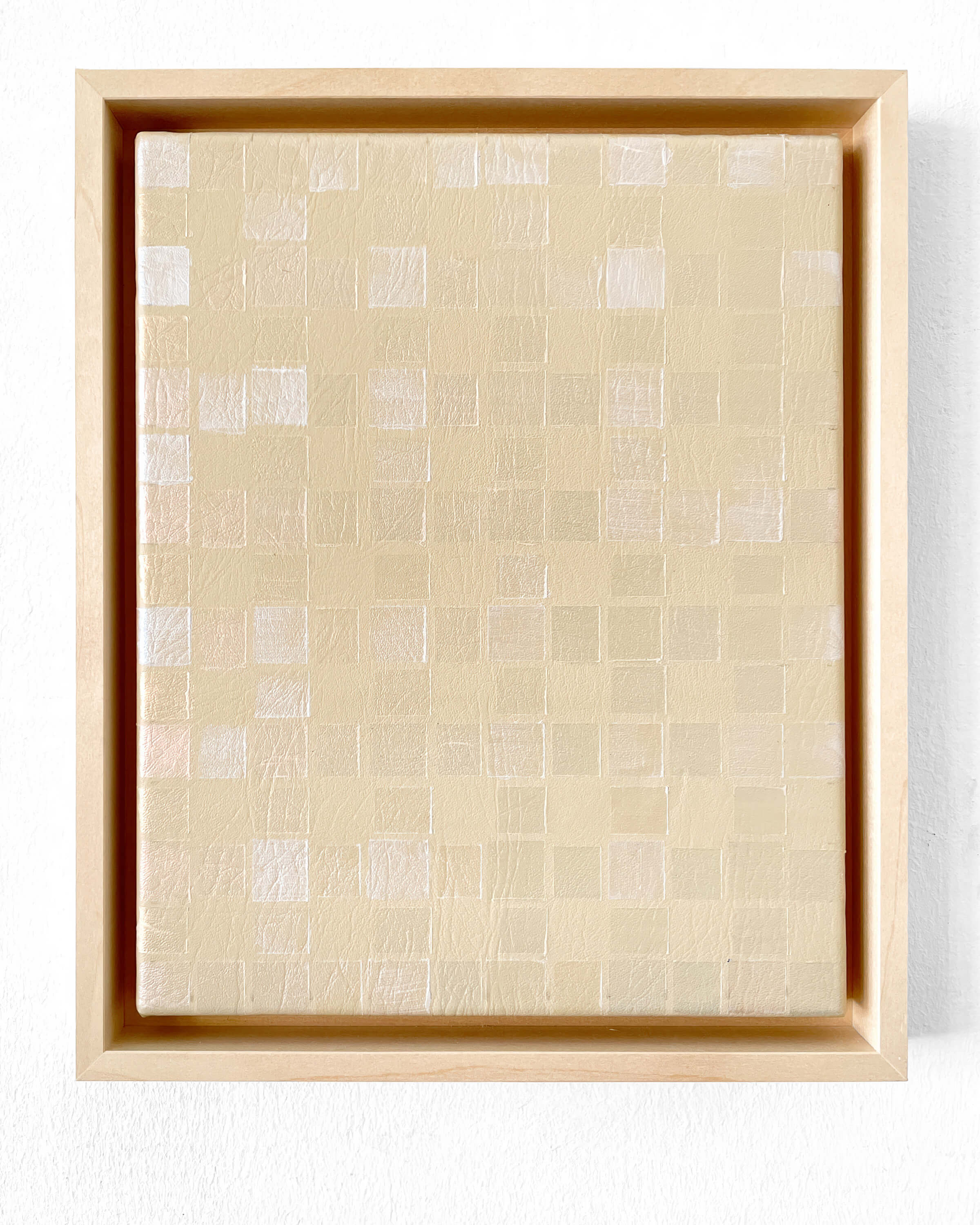 Acrylic on leatherette painting by artist Patricia Sandonis using iridescent color on an ochre surface