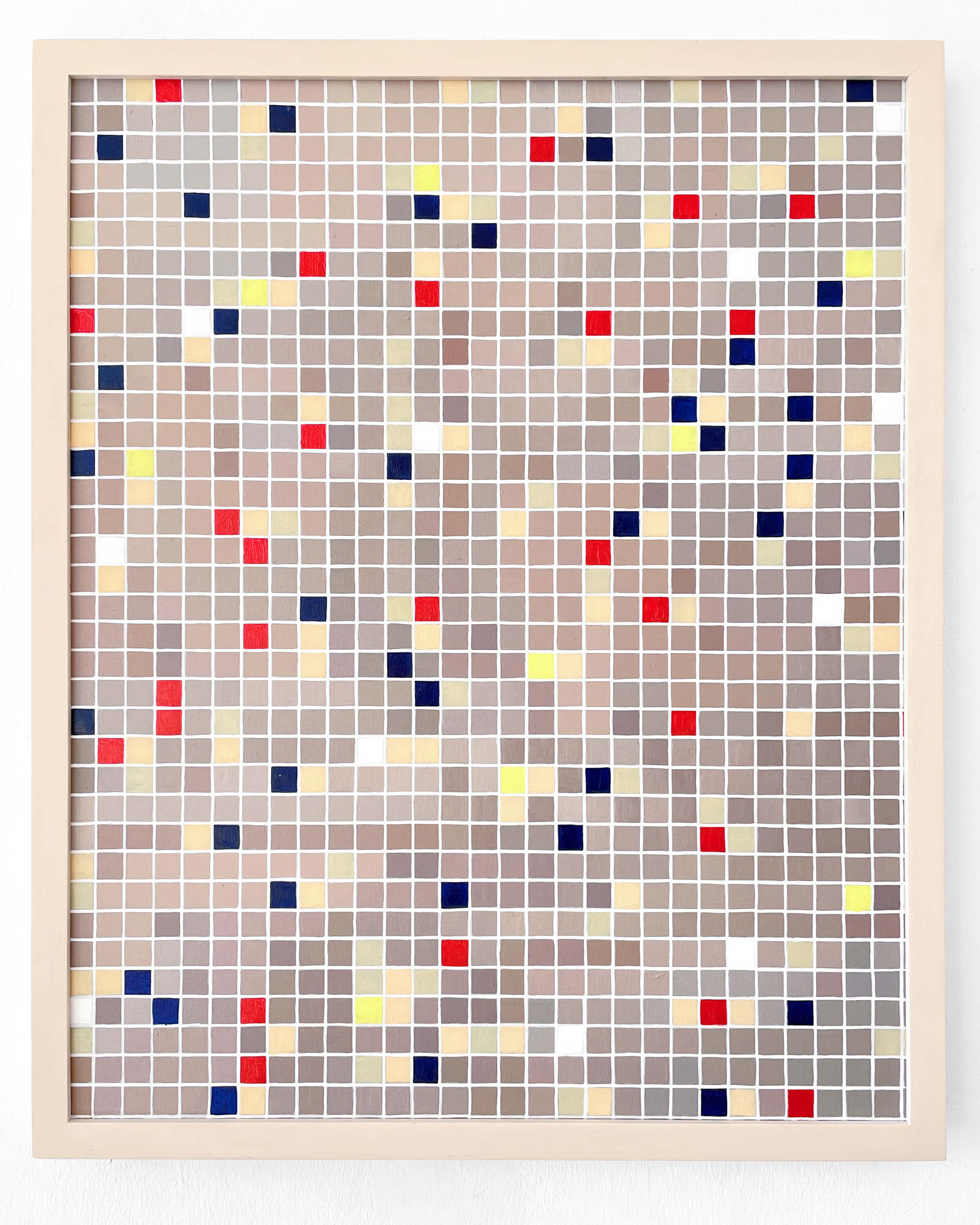 Acrylic and oil painting by the conceptual artist Patricia Sandonis showing small squares like in Concrete Art