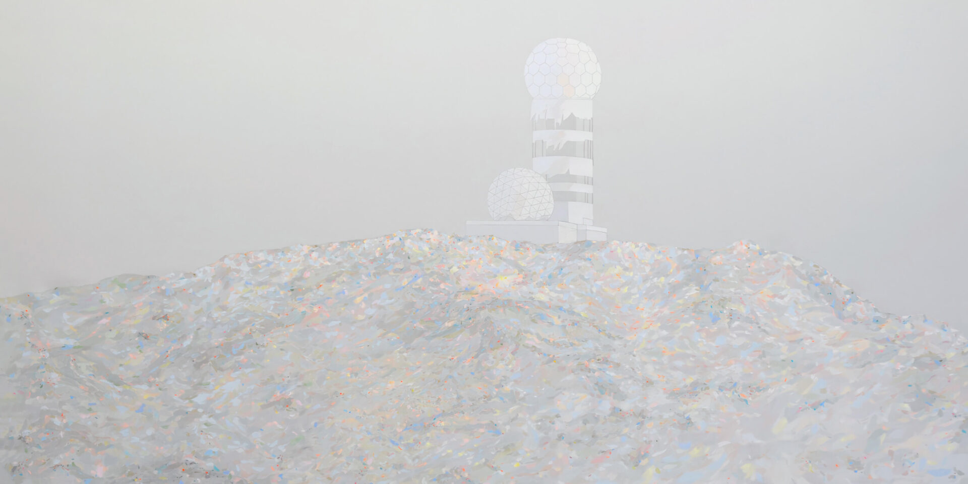 Big-format work of art, a painting with pastel chromatic colors representing the mountain of Teufelsberg in Berlin