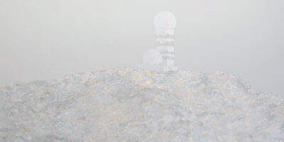 Big-format work of art, a painting with pastel chromatic colors representing the mountain of Teufelsberg in Berlin