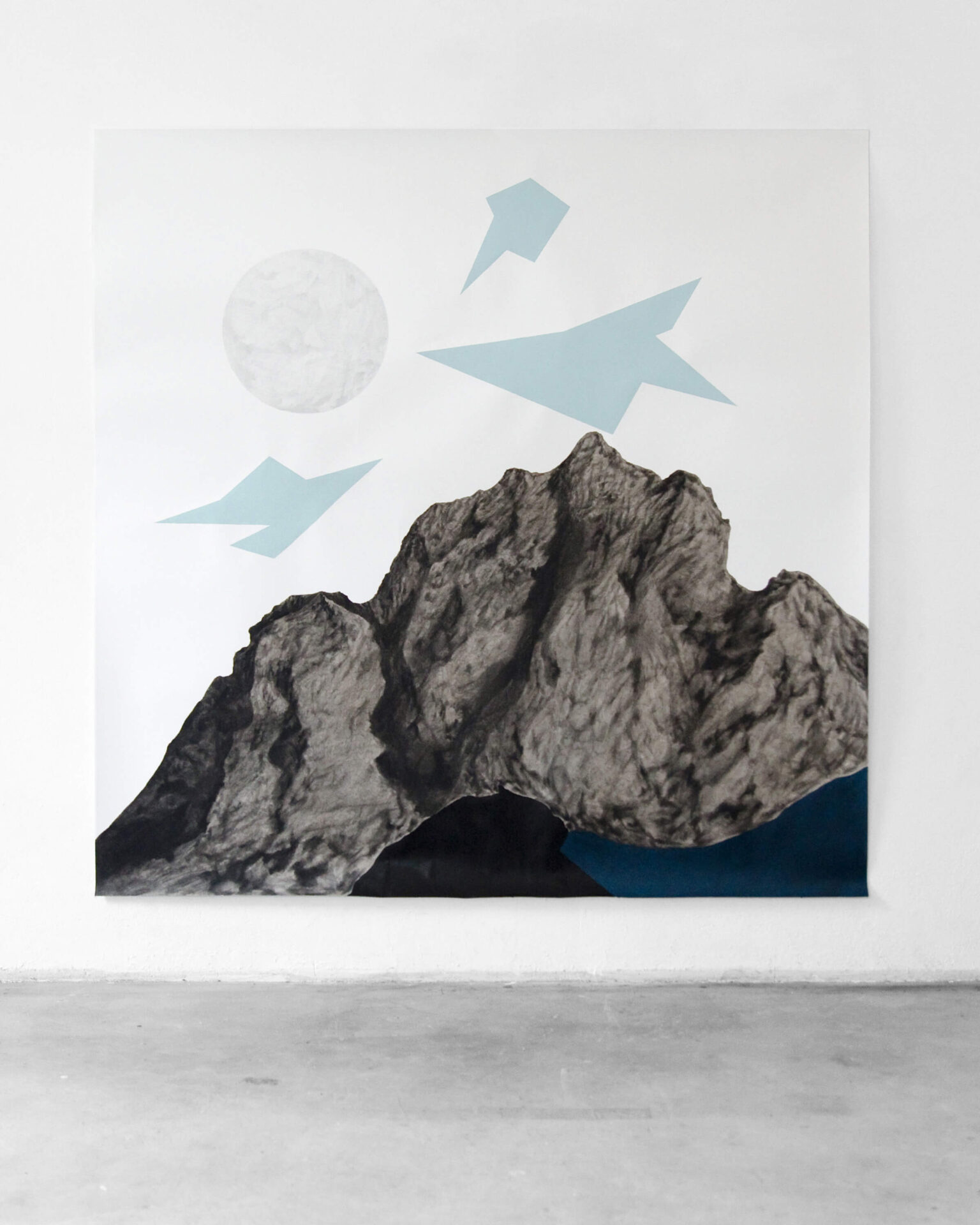 Patricia Sandonis work of art called Monuments of my Personal History, showing a big format drawing on paper of a mountain and geometrical light blue elements