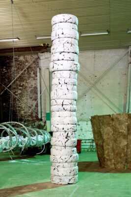 Patricia Sandonis art installation a monumental white column of car tires